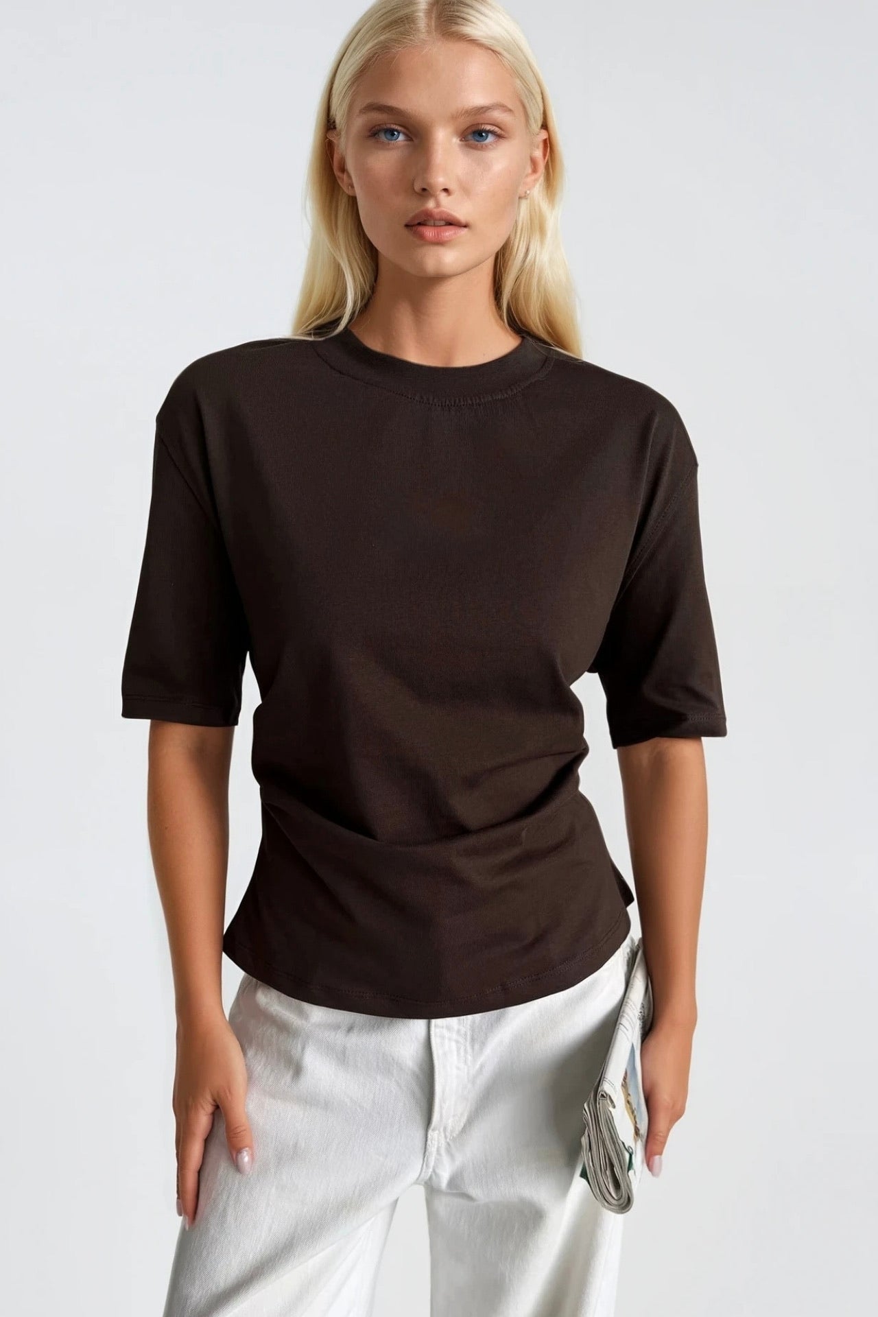 Waist Ruched Basic Brown T-Shirt