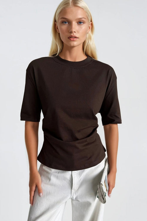 Basic Brown T-Shirt with Gathered Waist