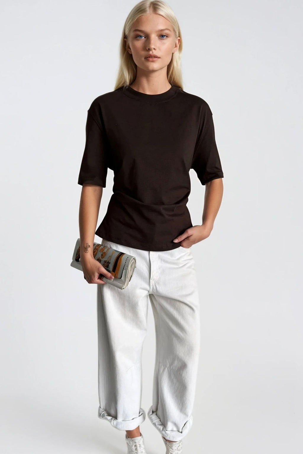Waist Ruched Basic Brown T-Shirt