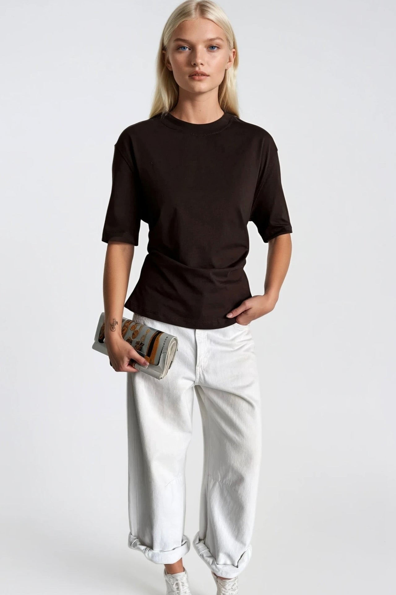 Waist Ruched Basic Brown T-Shirt