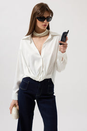 Waist Gathered Crop Satin White Shirt