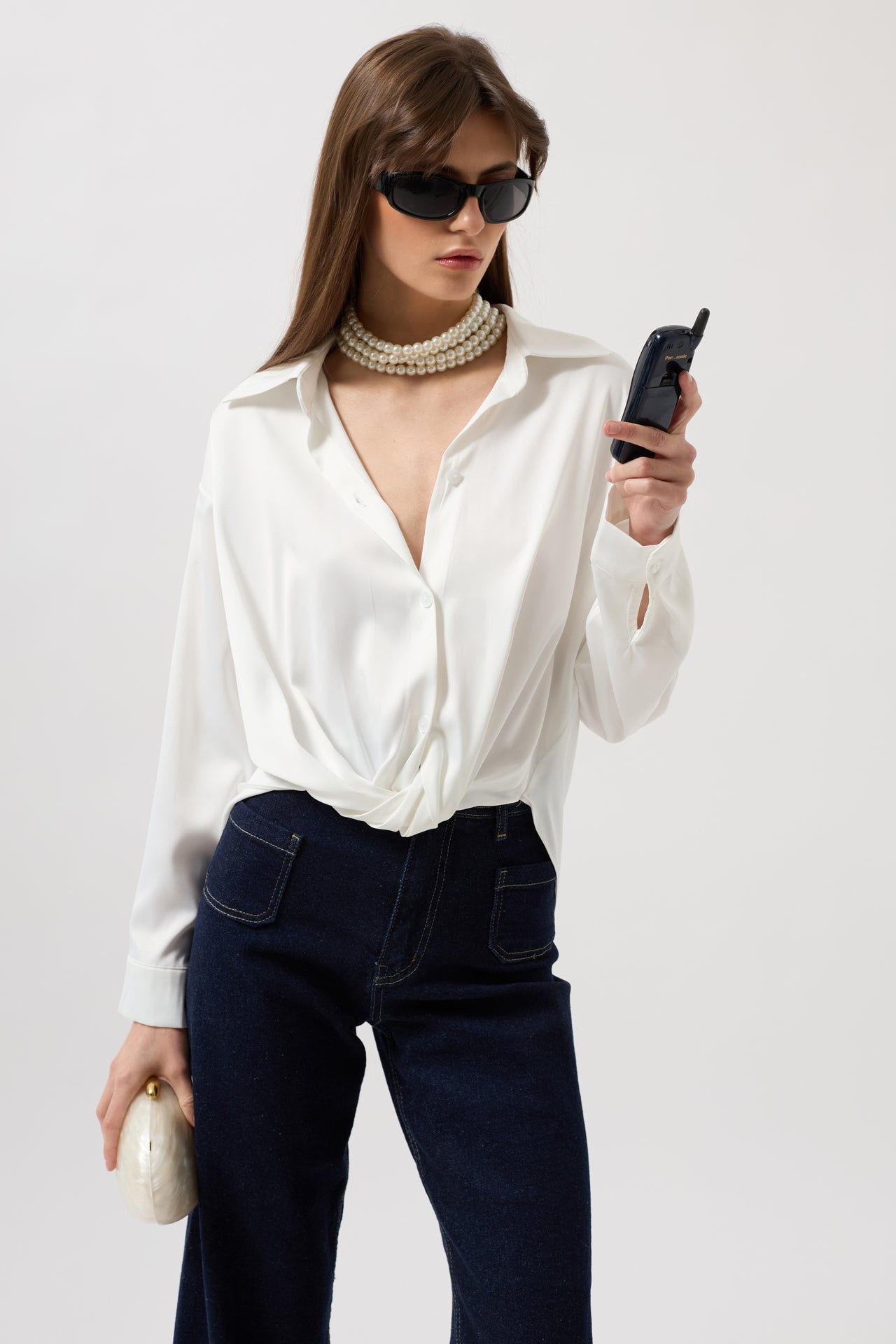 Waist Ruched Crop Satin White Shirt
