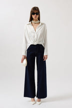 Waist Ruched Crop Satin White Shirt