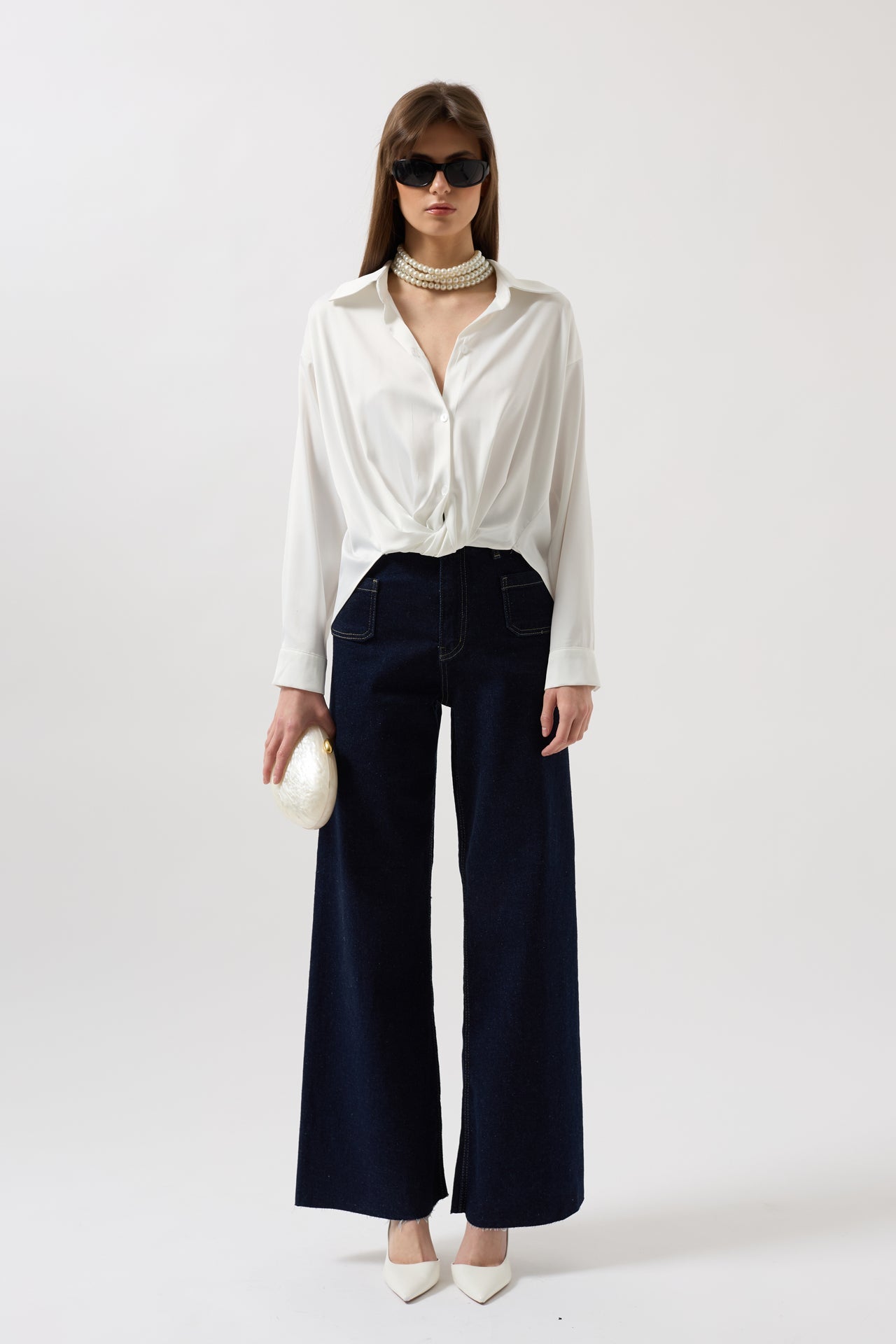 Waist Ruched Crop Satin White Shirt
