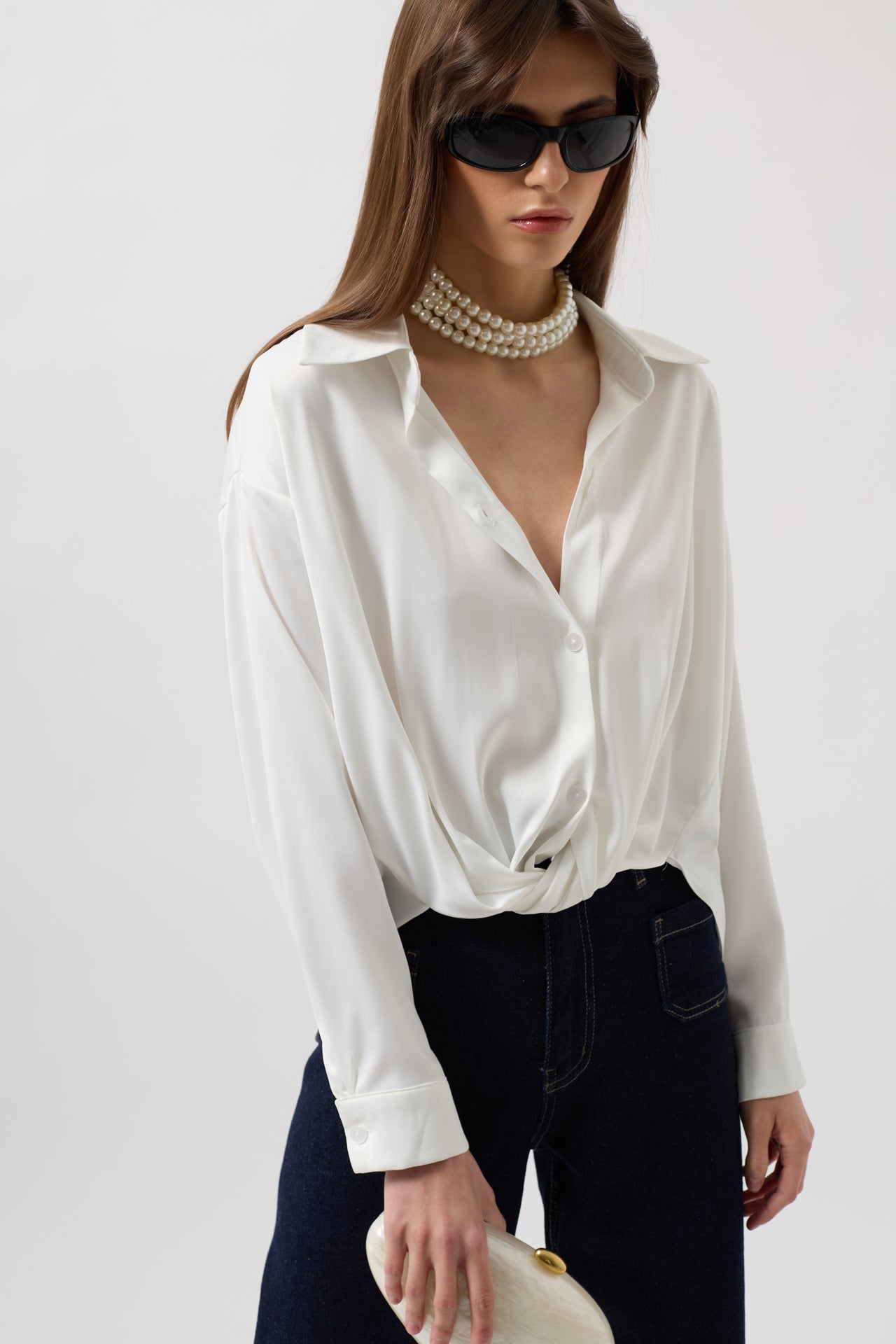 Waist Ruched Crop Satin White Shirt