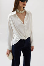 Waist Ruched Crop Satin White Shirt