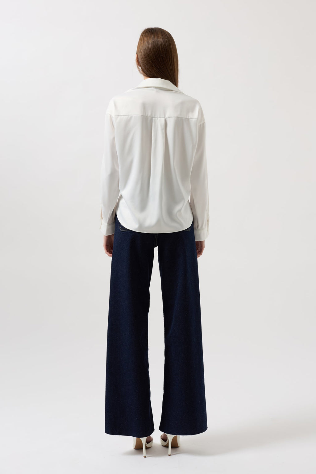 Waist Ruched Crop Satin White Shirt