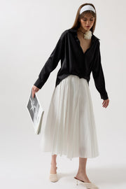 Waist Gathered Crop Satin Black Shirt