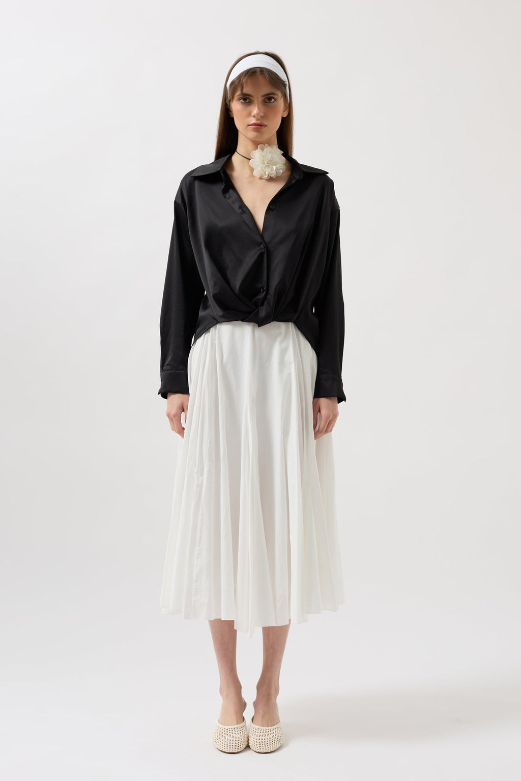 Ruched Waist Crop Satin Black Shirt