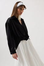 Ruched Waist Crop Satin Black Shirt
