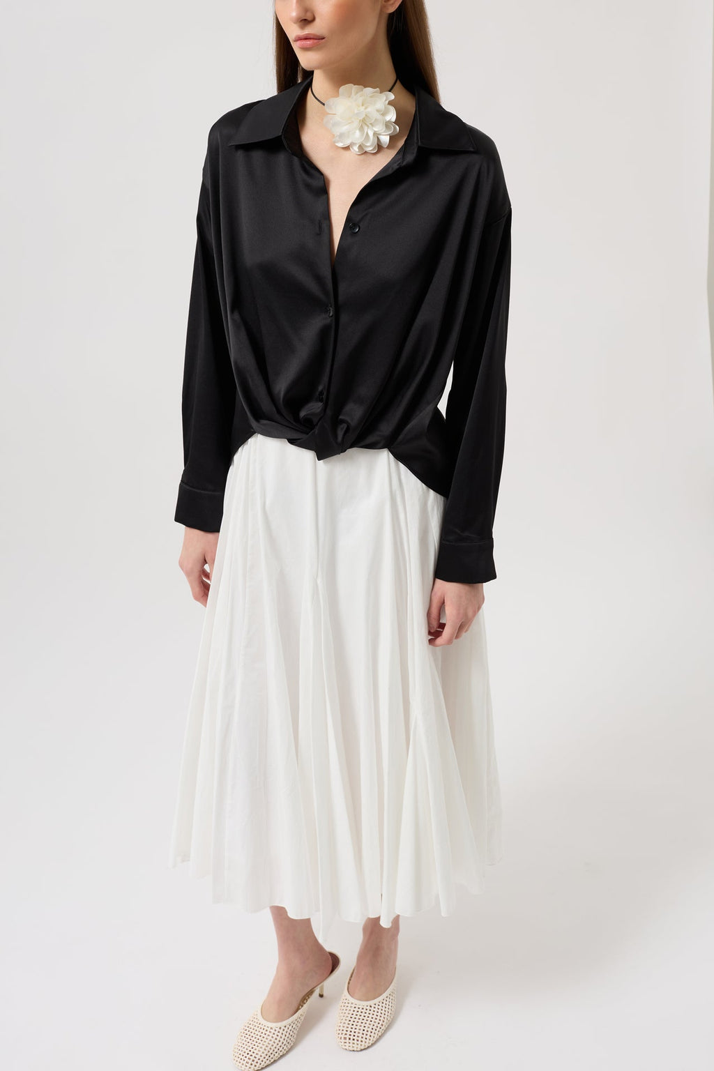 Ruched Waist Crop Satin Black Shirt