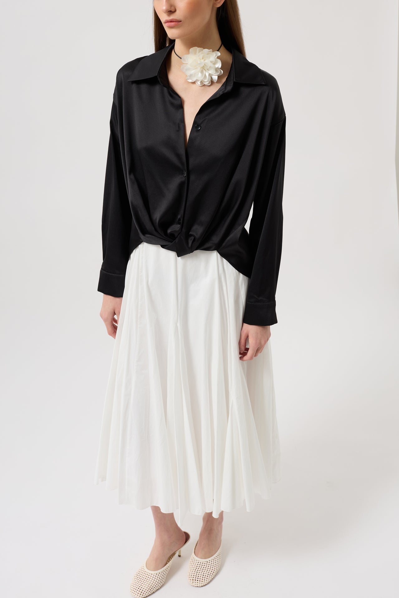 Ruched Waist Crop Satin Black Shirt