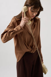 Waist Pleated Crop Satin Beige Shirt