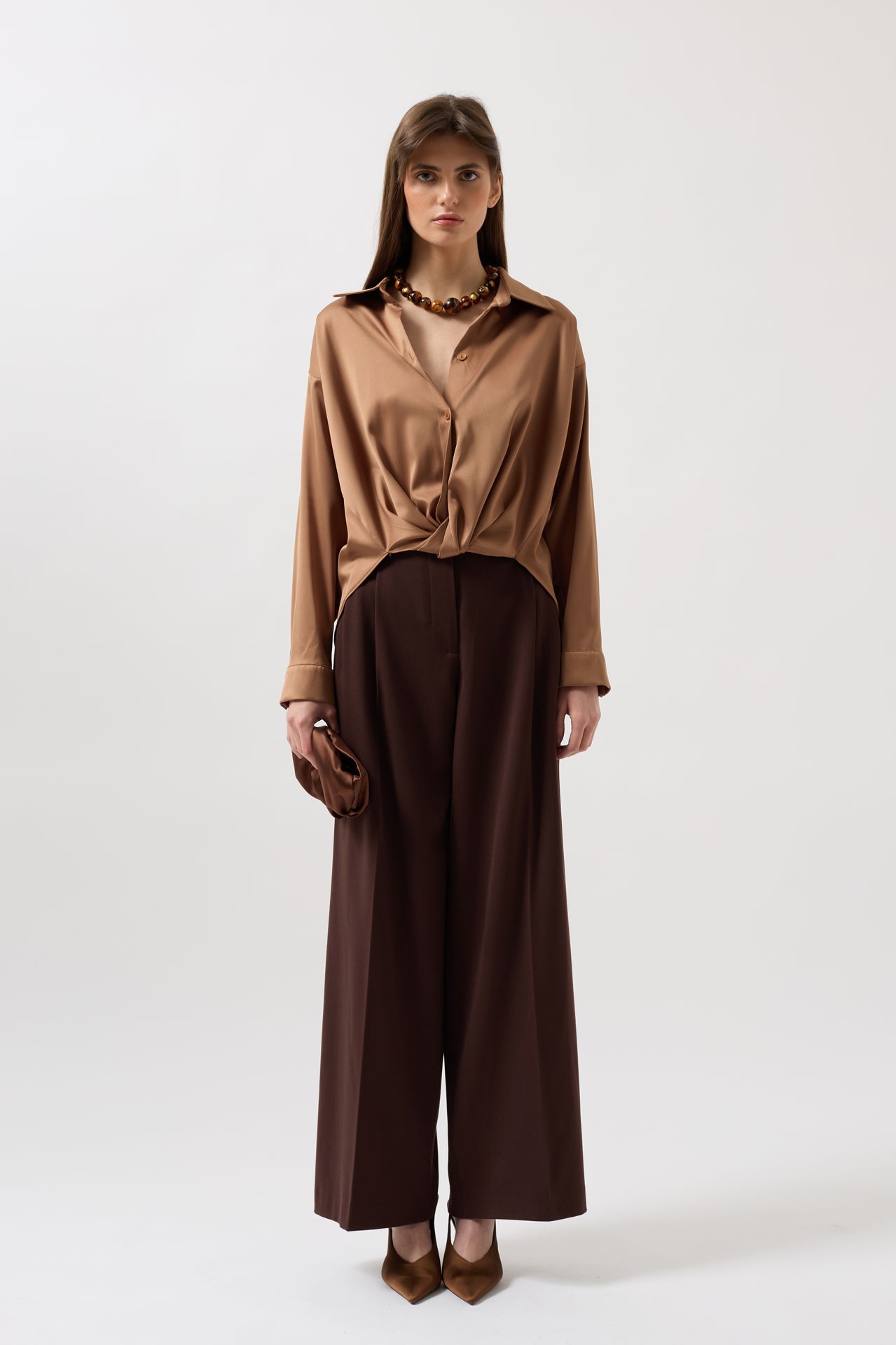 Waist Ruched Crop Satin Beige Shirt