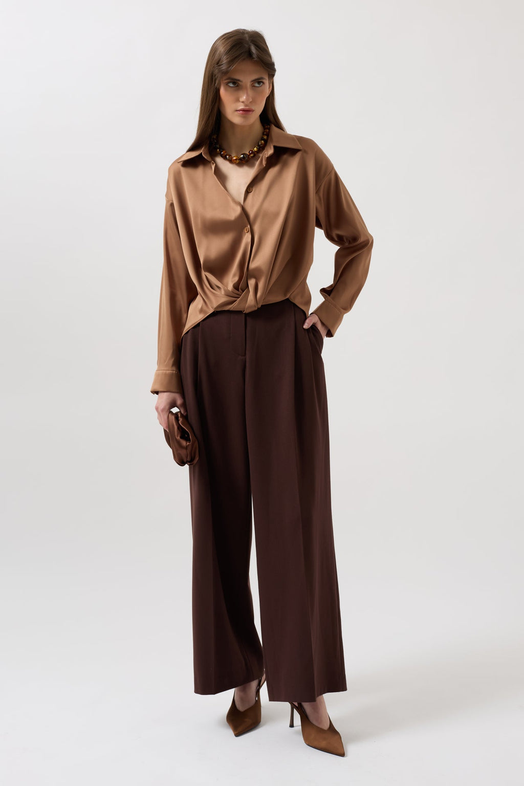 Waist Ruched Crop Satin Beige Shirt