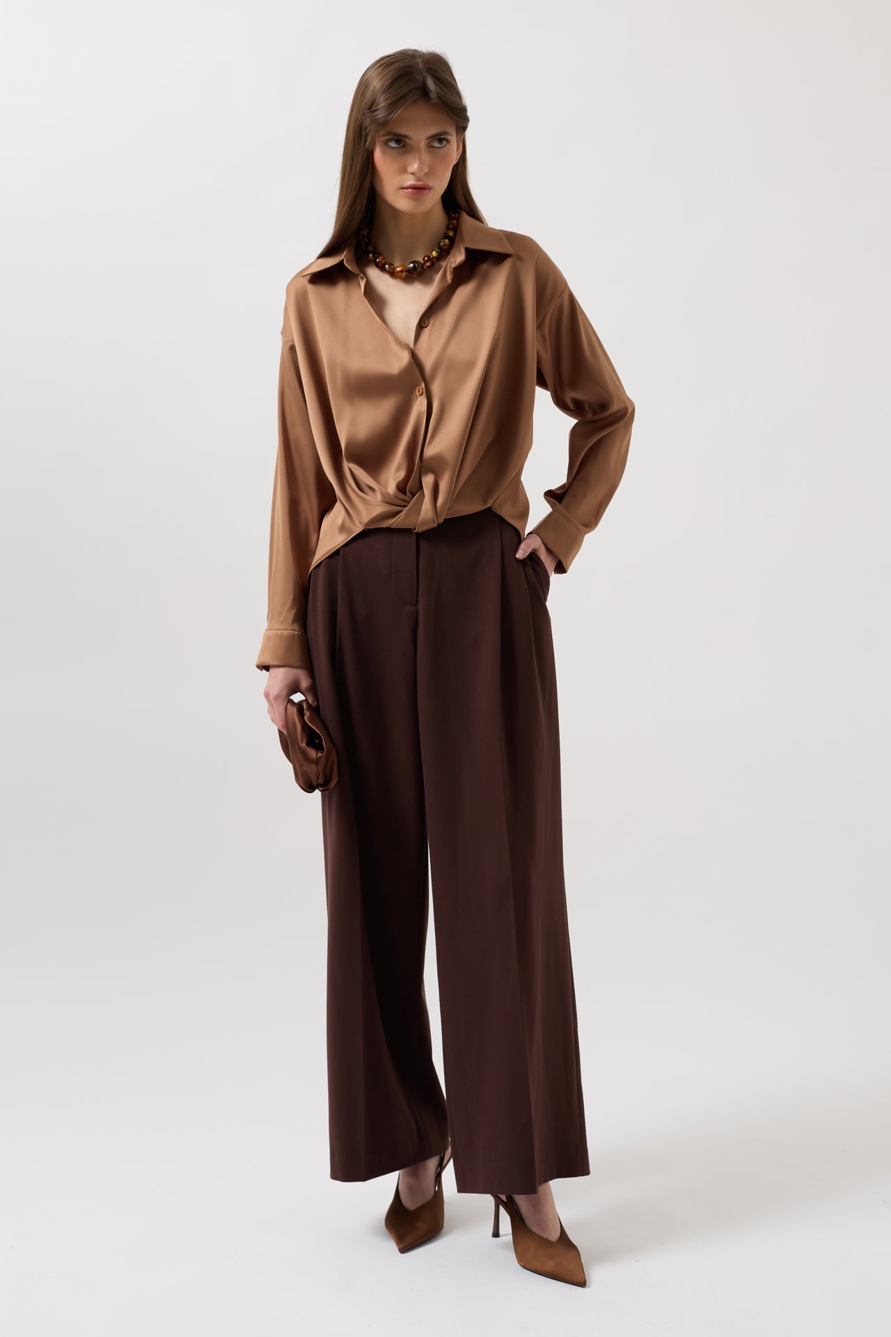 Waist Ruched Crop Satin Beige Shirt