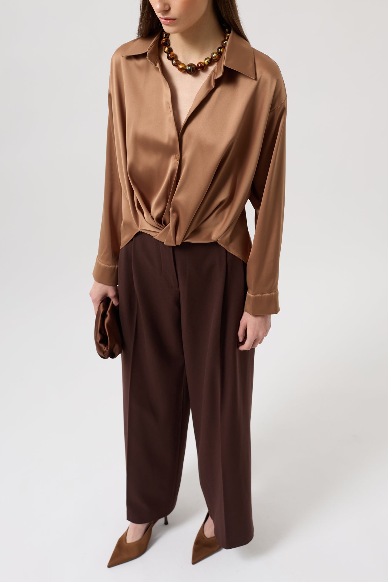 Waist Ruched Crop Satin Beige Shirt