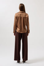 Waist Ruched Crop Satin Beige Shirt