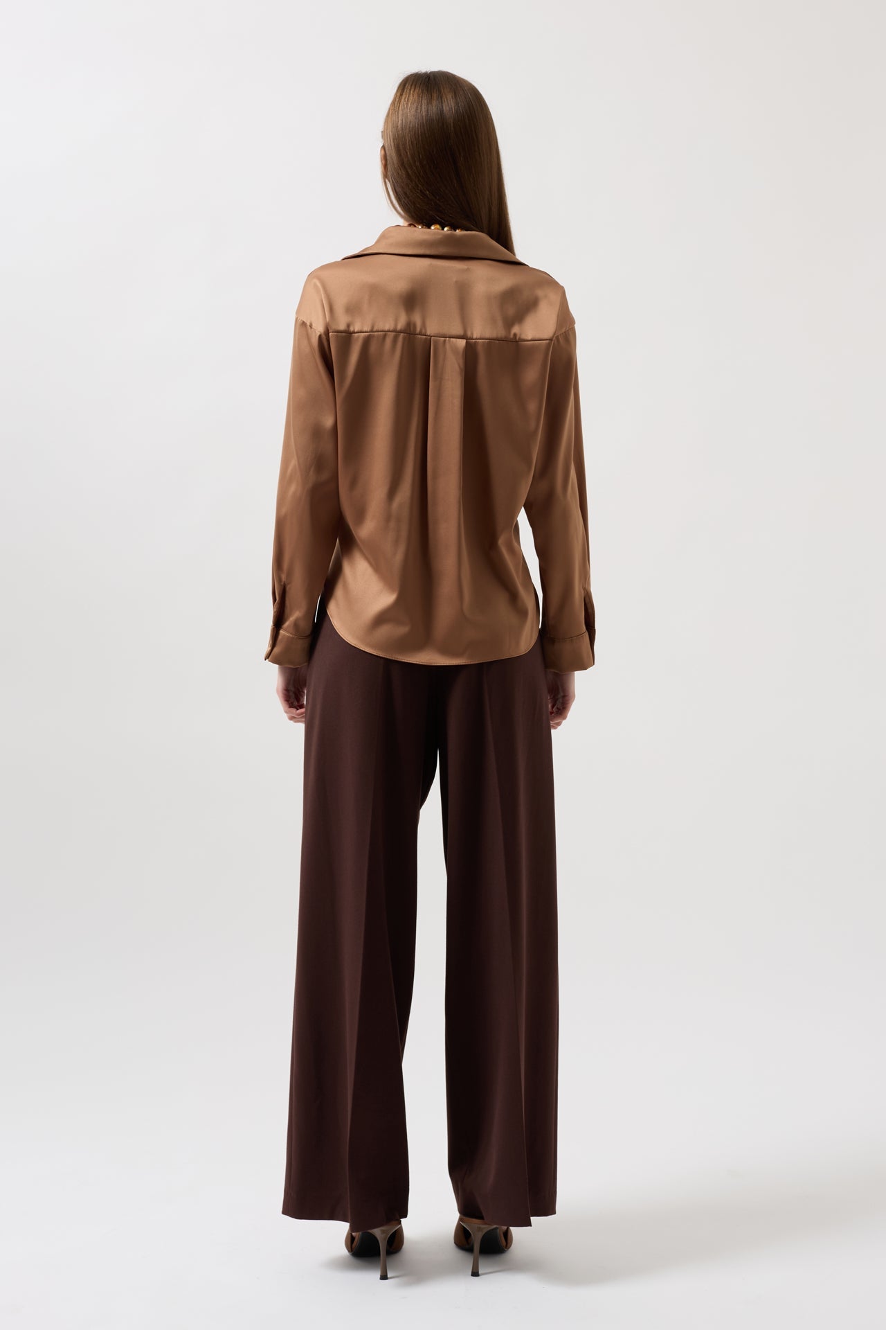 Waist Ruched Crop Satin Beige Shirt