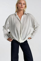 Waist-Gathered Textured White Modal Shirt