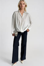 Waist-Gathered Textured White Modal Shirt