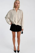 Waist-Gathered Textured Beige Modal Shirt