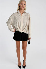 Textured Beige Modal Shirt with Waist Cinch
