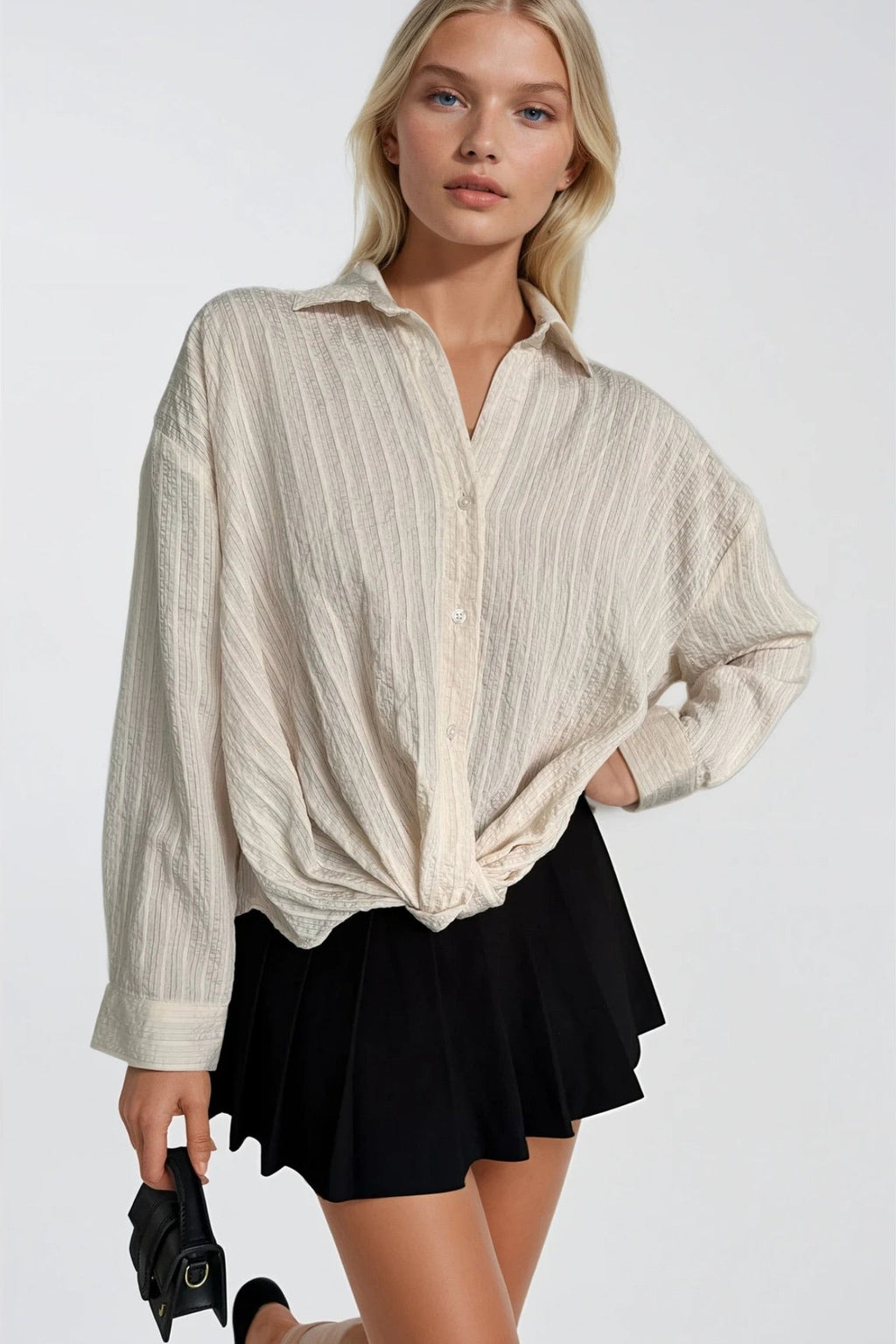 Waist-Gathered Textured Beige Modal Shirt