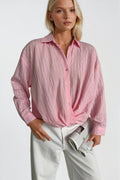 Waist-Gathered Textured Pink Modal Shirt