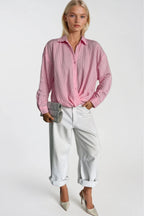 Waist-Gathered Textured Pink Modal Shirt