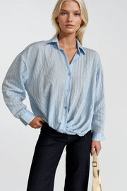 Blue Textured Modal Shirt with Cinched Waist