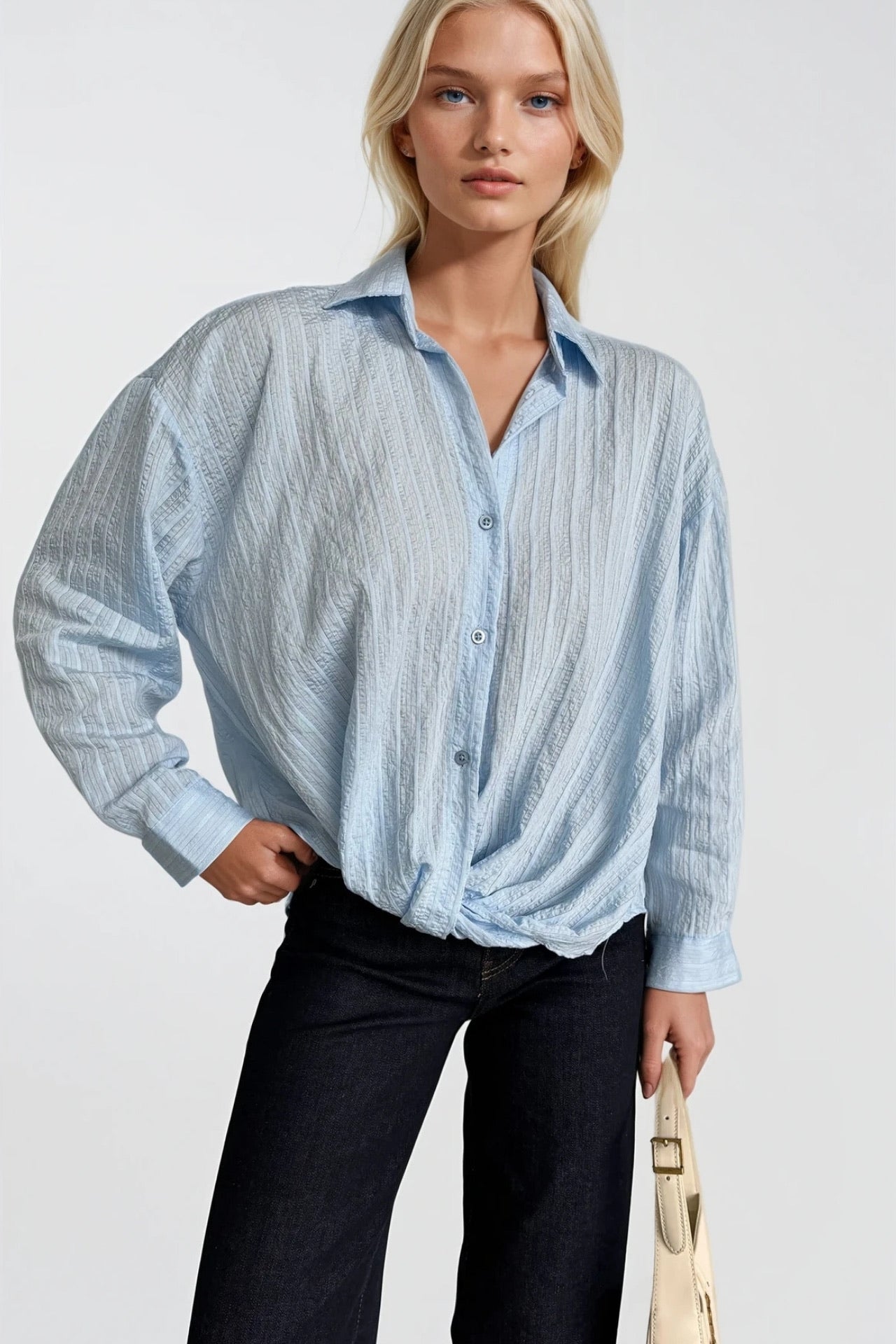 Waist-Gathered Textured Blue Modal Shirt