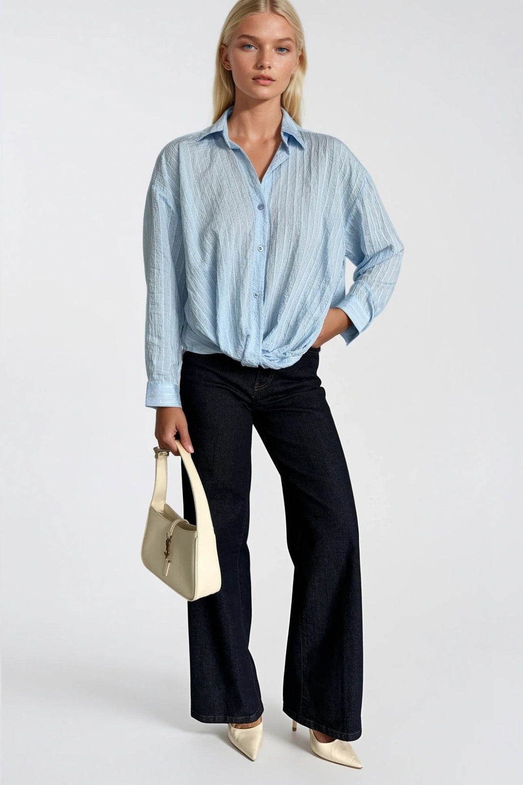 Waist-Gathered Textured Blue Modal Shirt