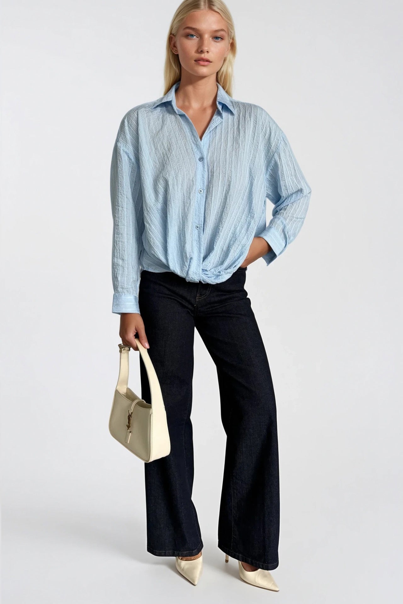 Waist-Gathered Textured Blue Modal Shirt
