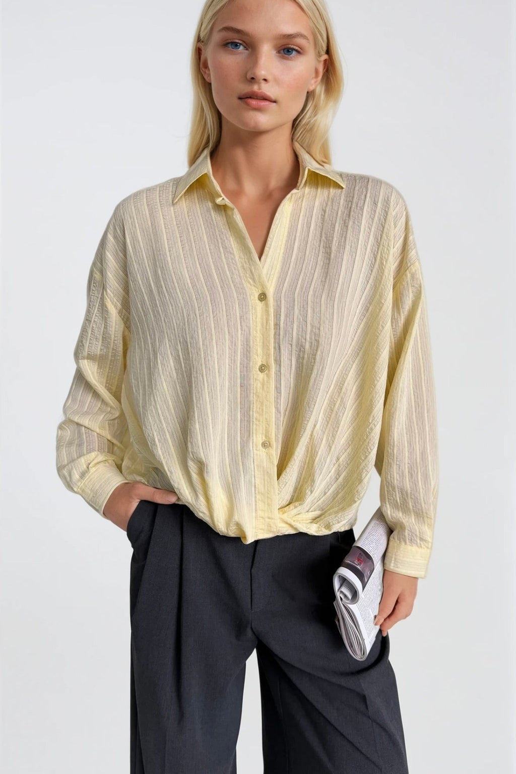 Waist-Gathered Textured Yellow Modal Shirt