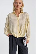 Waist-Gathered Textured Yellow Modal Shirt