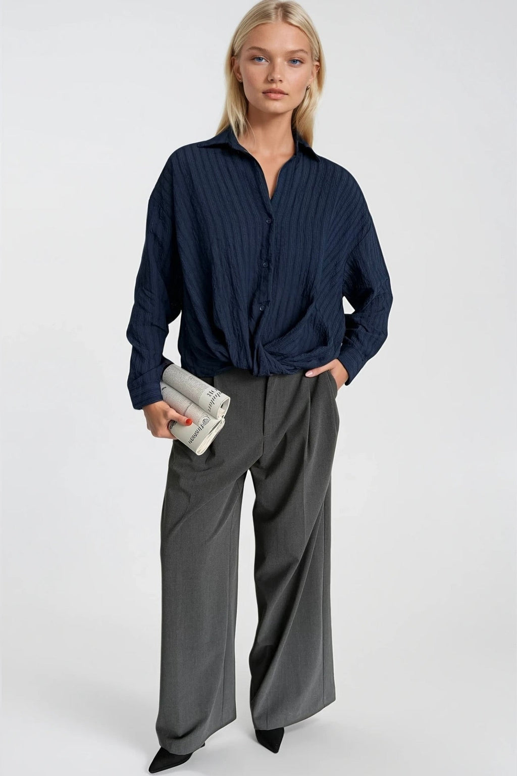Waist-Gathered Textured Navy Modal Shirt