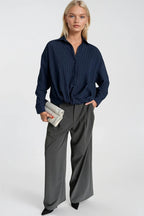 Waist-Gathered Textured Navy Modal Shirt