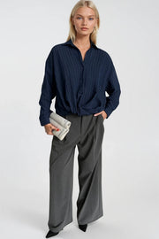 Navy Textured Modal Shirt with Cinched Waist
