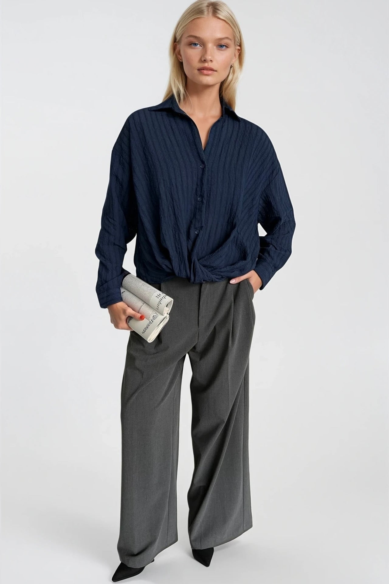 Waist-Gathered Textured Navy Modal Shirt