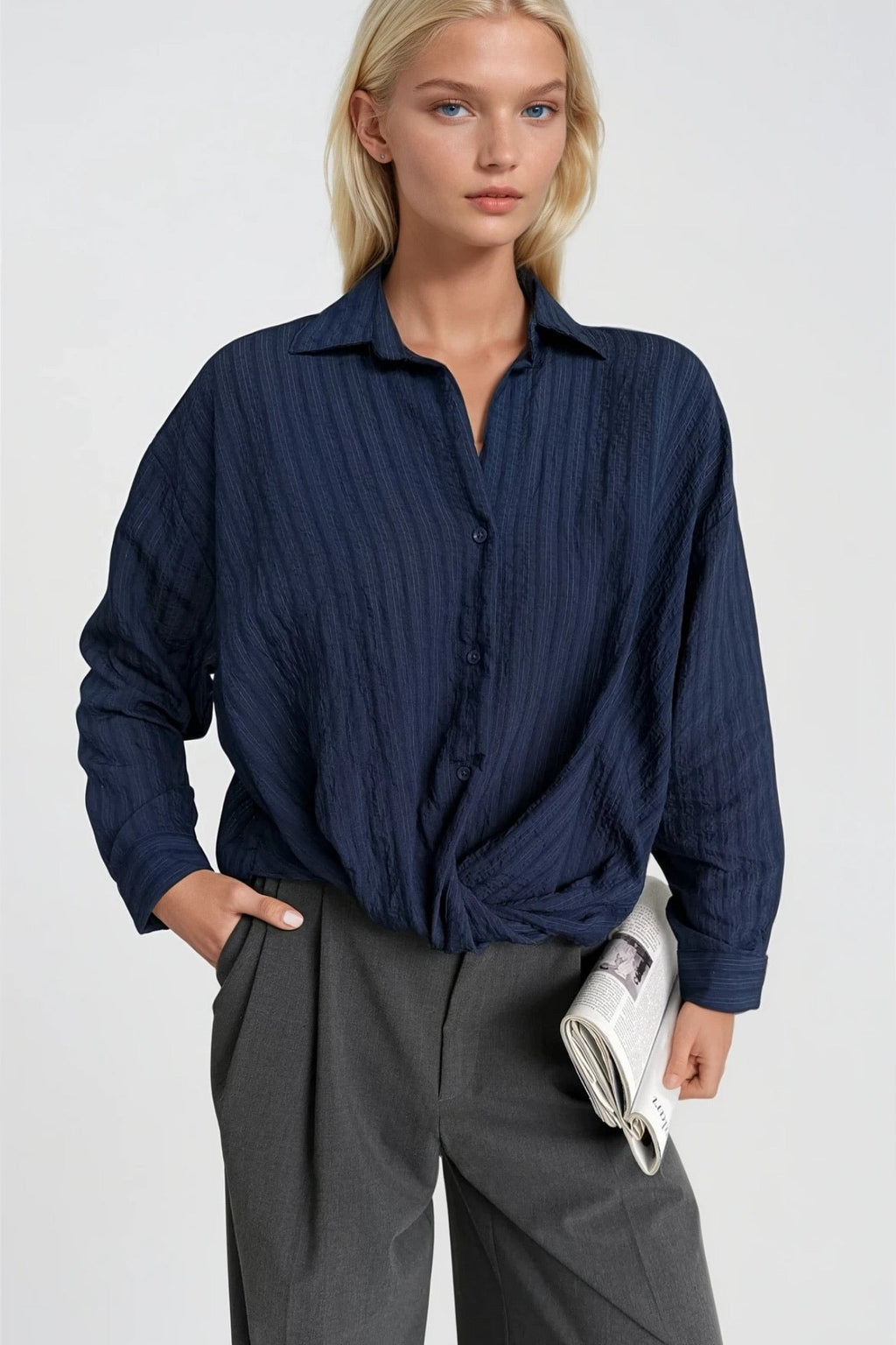 Waist-Gathered Textured Navy Modal Shirt