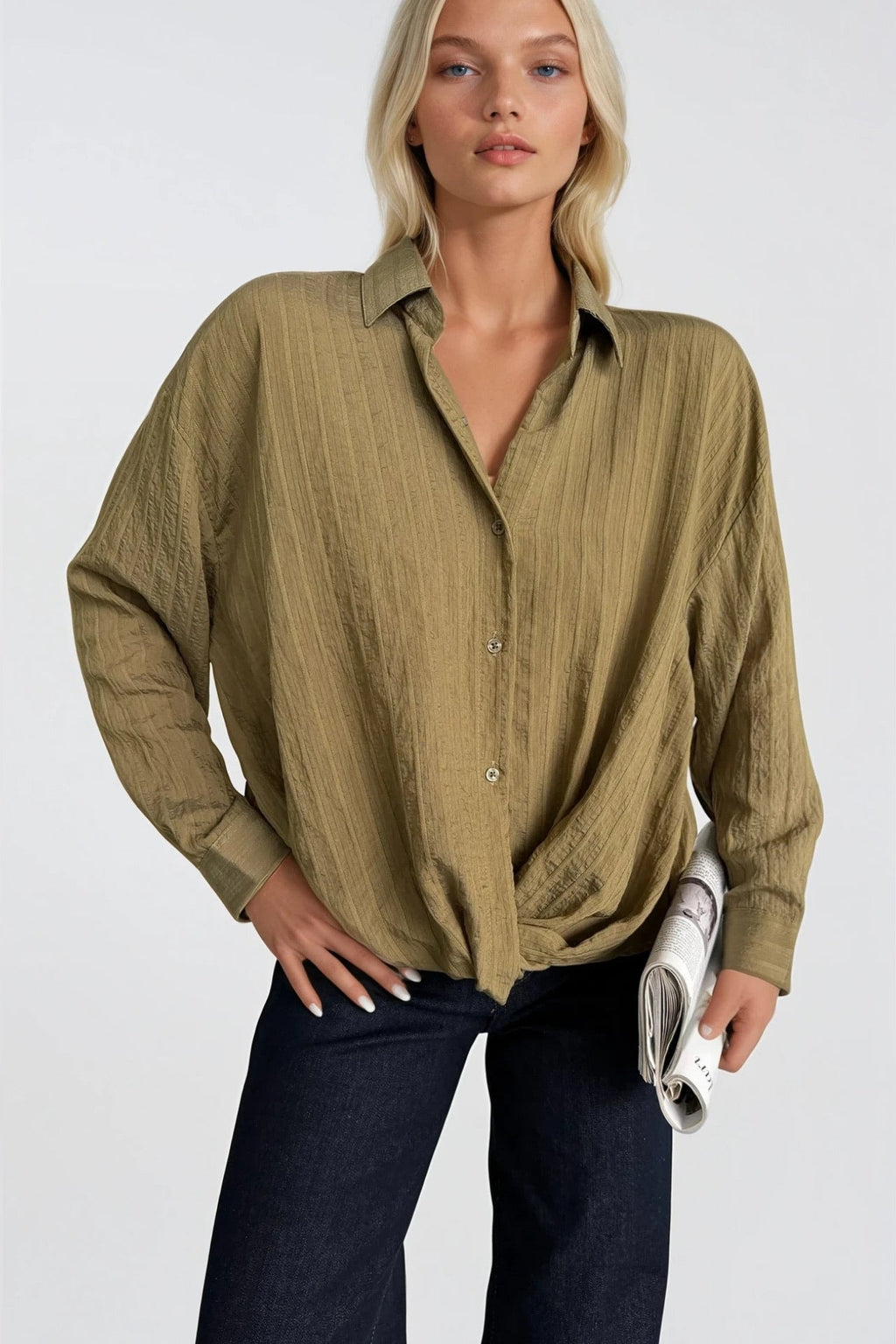 Waist-Gathered Textured Khaki Modal Shirt
