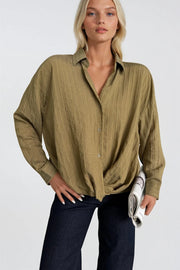 Khaki Modal Textured Shirt with Shirred Waist