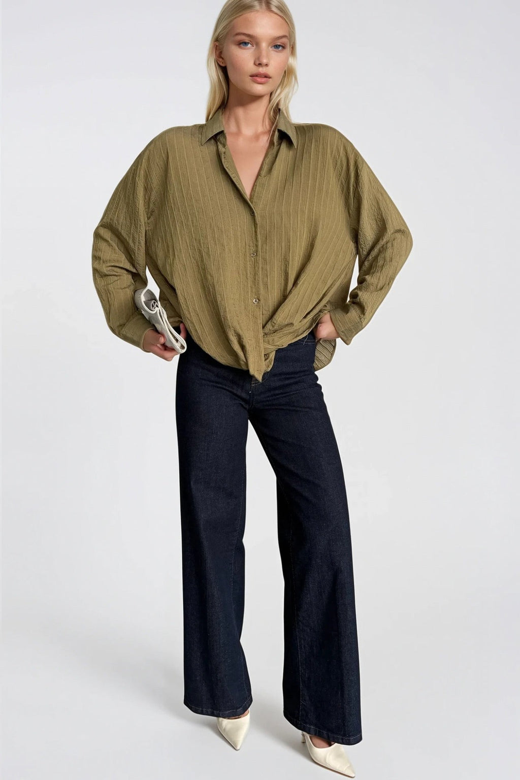Waist-Gathered Textured Khaki Modal Shirt