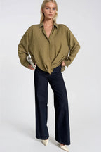 Waist-Gathered Textured Khaki Modal Shirt