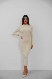 Low-Cut Accessory Knitted Ecru Dress
