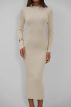 Waist Cut-Out Accessory Detail Knit Ecru Dress