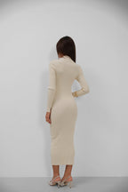 Waist Cut-Out Accessory Detail Knit Ecru Dress