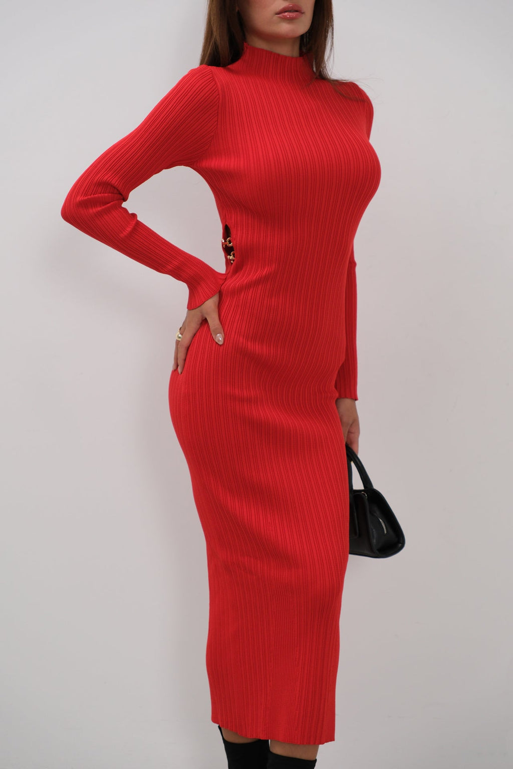 Waist Cut-Out Accessory Detail Knit Red Dress