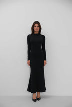 Waist Cutout Turtleneck Maxi Black Dress